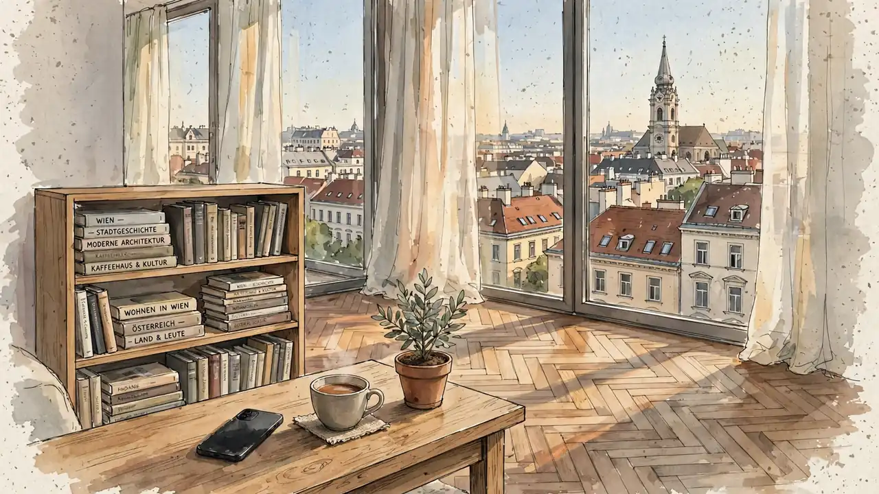 Helle Wiener Wohnung mit Blick auf Altstadt und Kaffeetisch