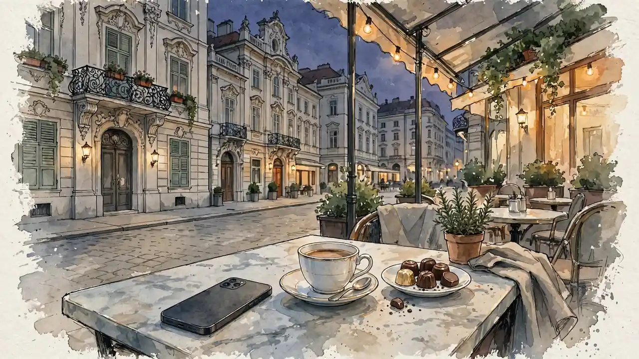 Smartphone mit abgewandtem Bildschirm auf einem Wiener Cafétisch bei warmem Abendlicht