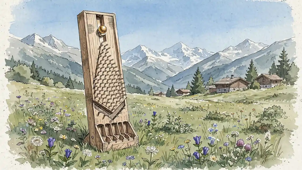 Holz-Plinko-Brett auf österreichischer Almwiese mit Ball und Alpenpanorama
