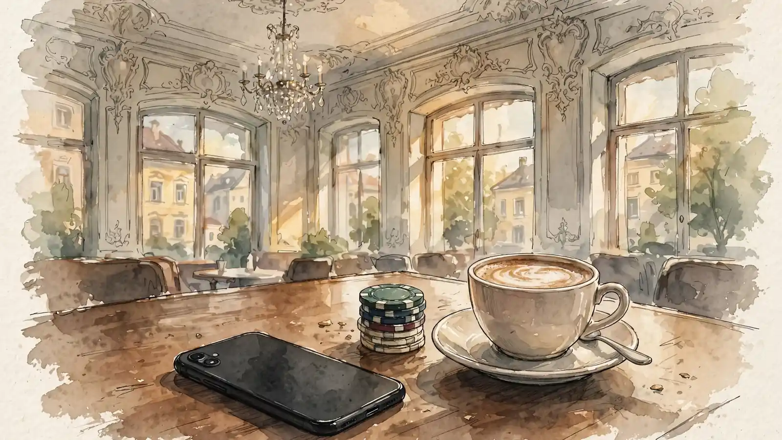 Smartphone mit Kaffeetasse und Spielchips auf einem Holztisch in einem Wiener Kaffeehaus
