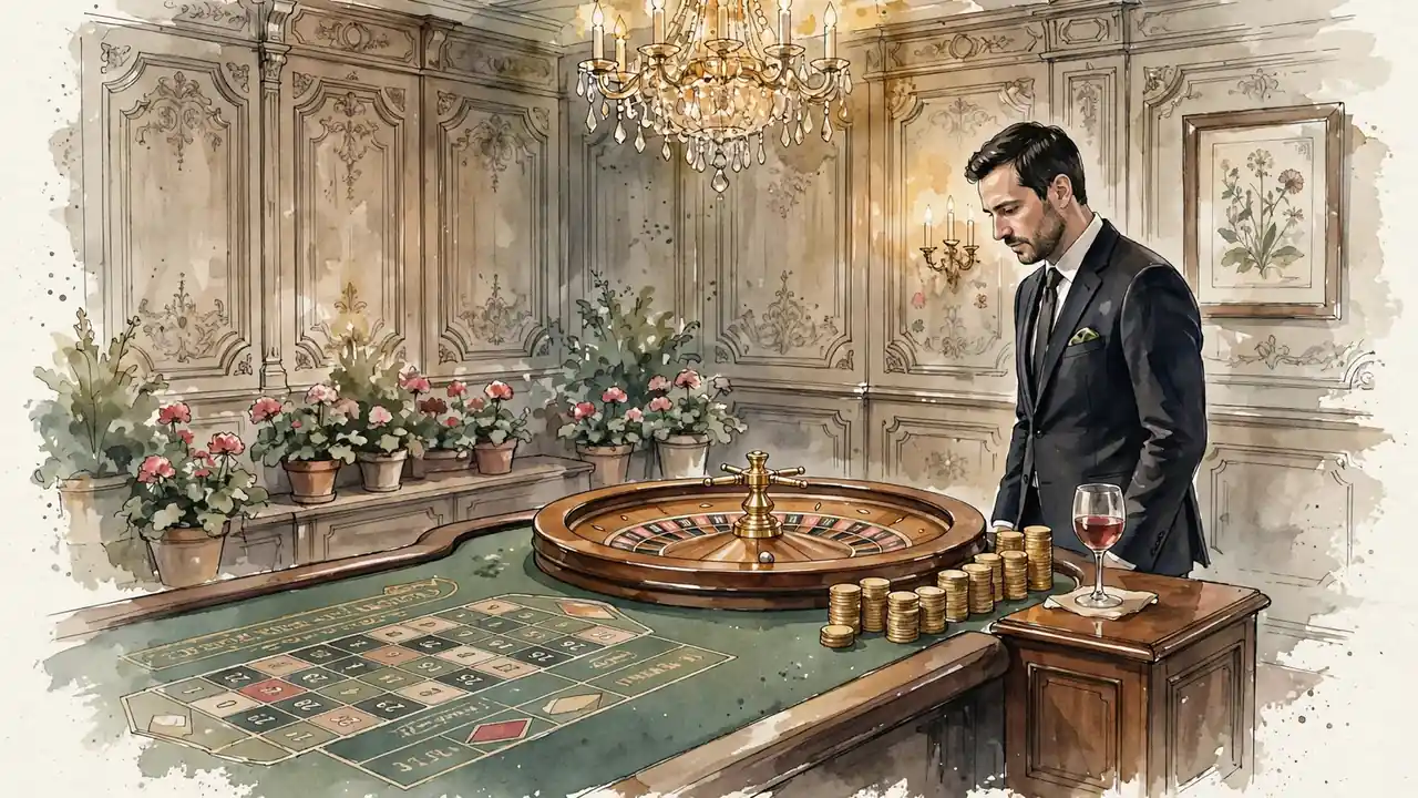 Eleganter österreichischer Spielsaal mit Rouletterad und Stapel aus Spielchips