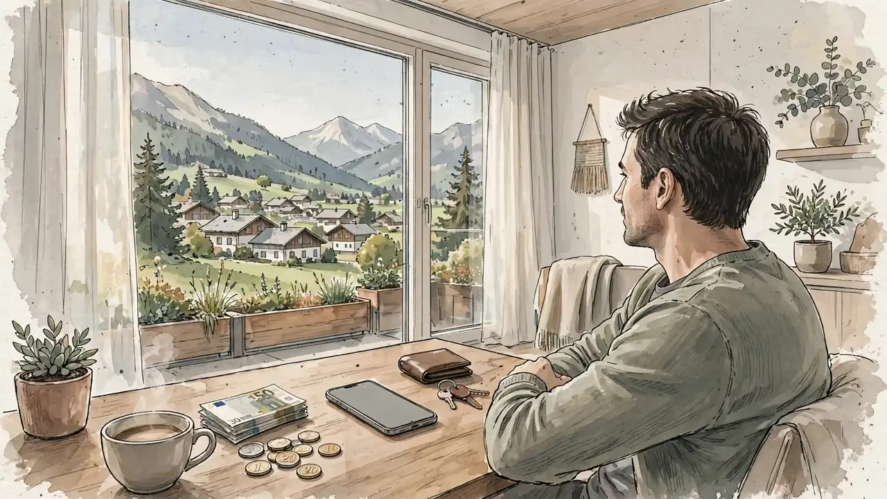 Helle moderne Wohnung mit Alpenblick, Person am Tisch mit Smartphone und Euro-Geldstapel