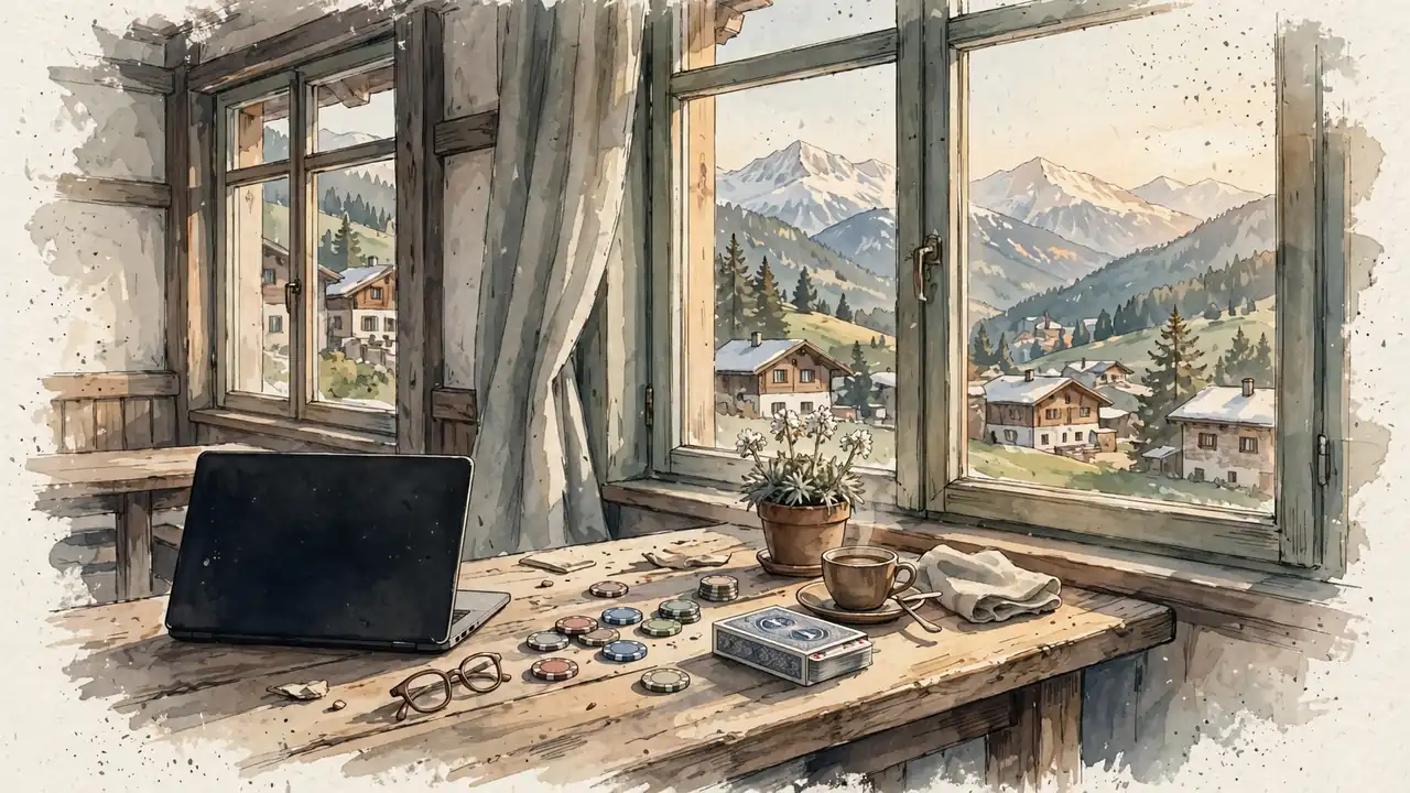 Alpen-Café-Tisch mit zugeklapptem Laptop, Pokerchips und Spielkarten vor Bergblick.