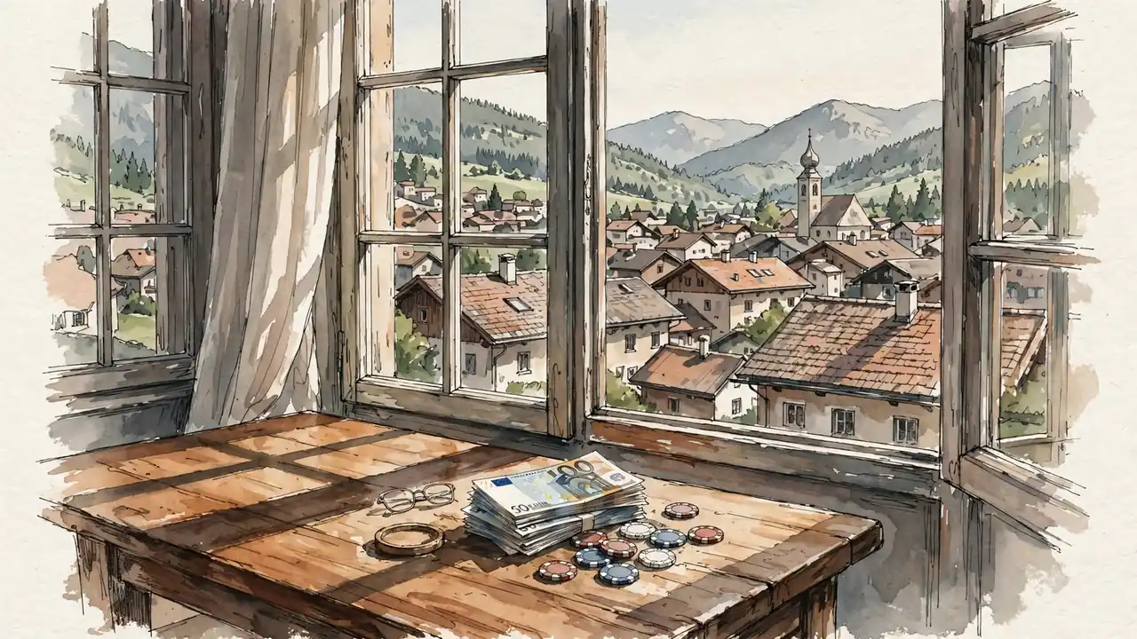 Euro-Banknoten und Casino-Chips auf einem Holztisch vor einem Fenster mit Blick auf ein österreichisches Dorf