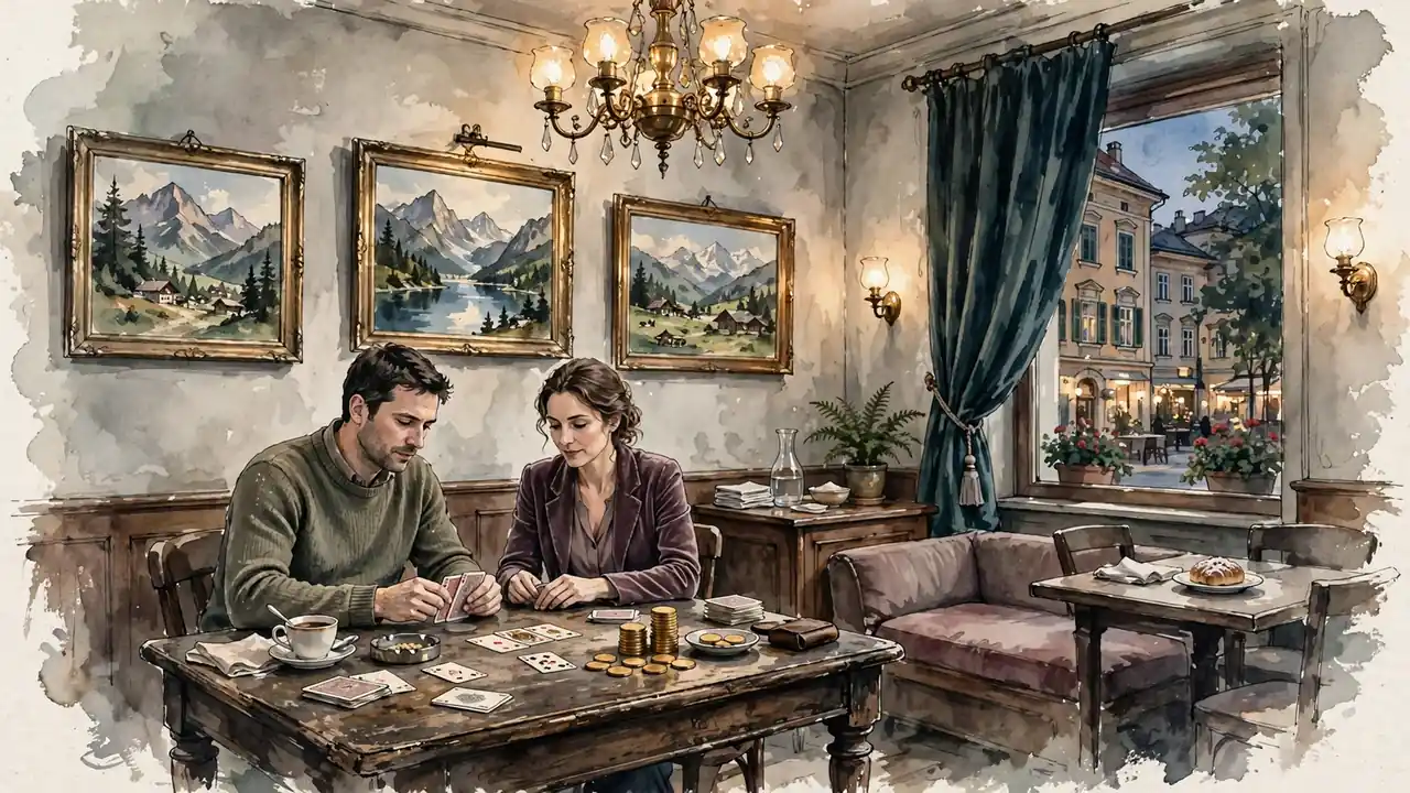 Wiener Café-Abend mit klassischem Spieltisch und Bergen-Gemälden