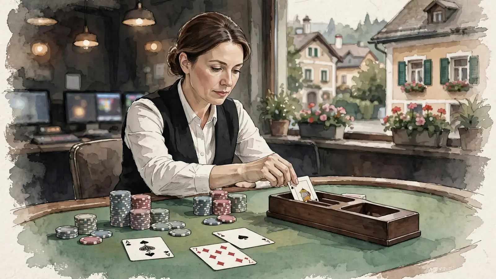 Live-Baccarat-Dealer im Studio zieht eine Karte aus dem Kartenschlitten
