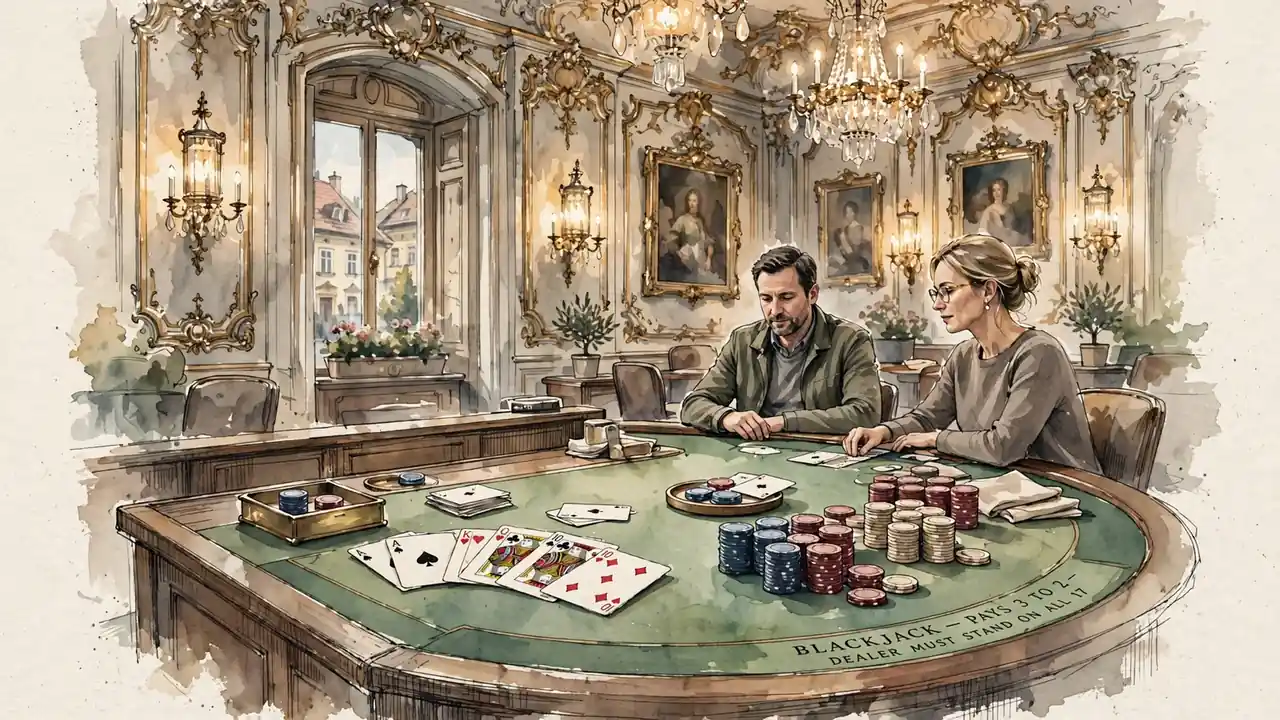 Live-Blackjack-Tisch in einem eleganten österreichischen Casino mit Jetons und Spielkarten