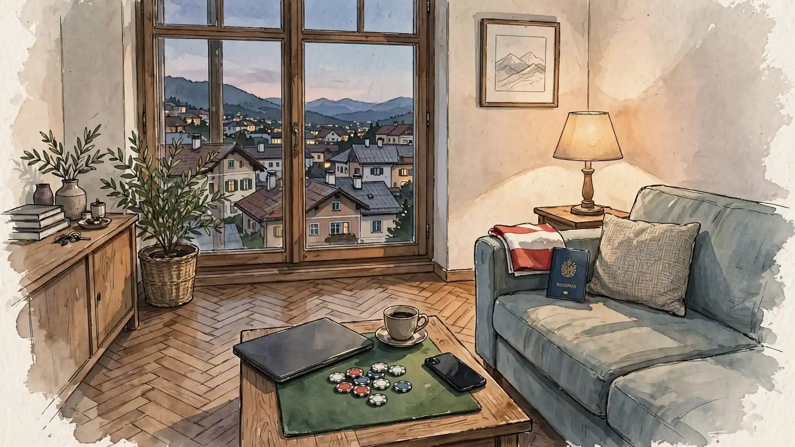 Laptop und Pokerchips in einer österreichischen Wohnung mit Alpenblick bei Abendlicht