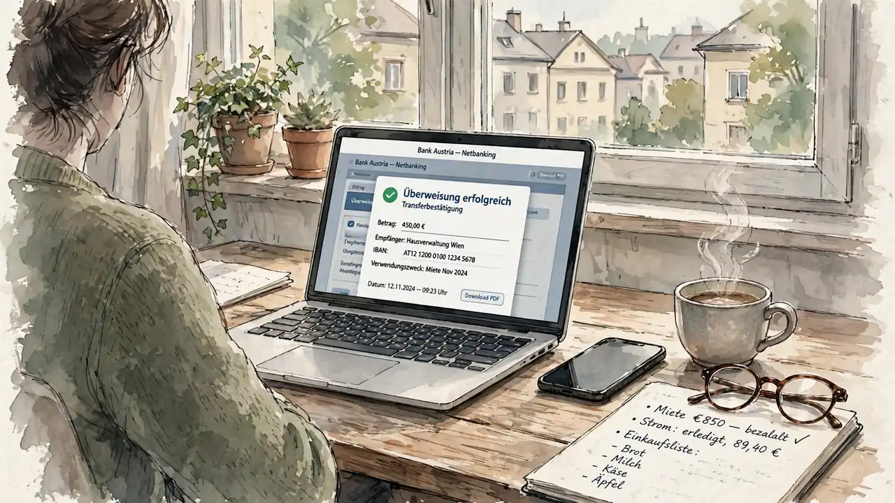 Laptop mit Banküberweisung, Smartphone und Kaffee auf Schreibtisch