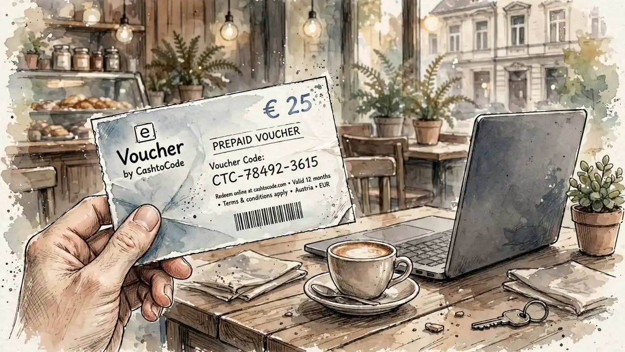 CashtoCode-Gutschein und Laptop in einem Wiener Café