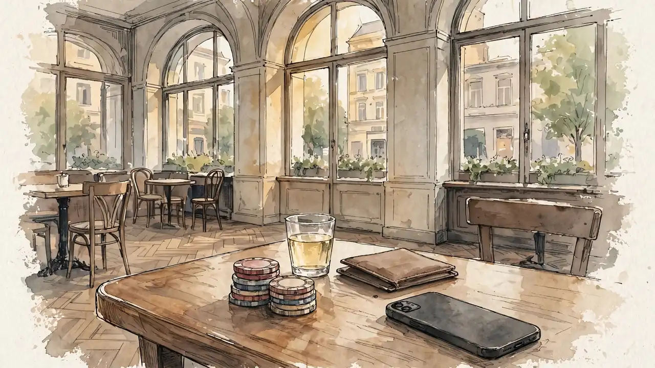 Café-Tisch mit Casino-Chips, Smartphone und Jeton-Brieftasche in Wien