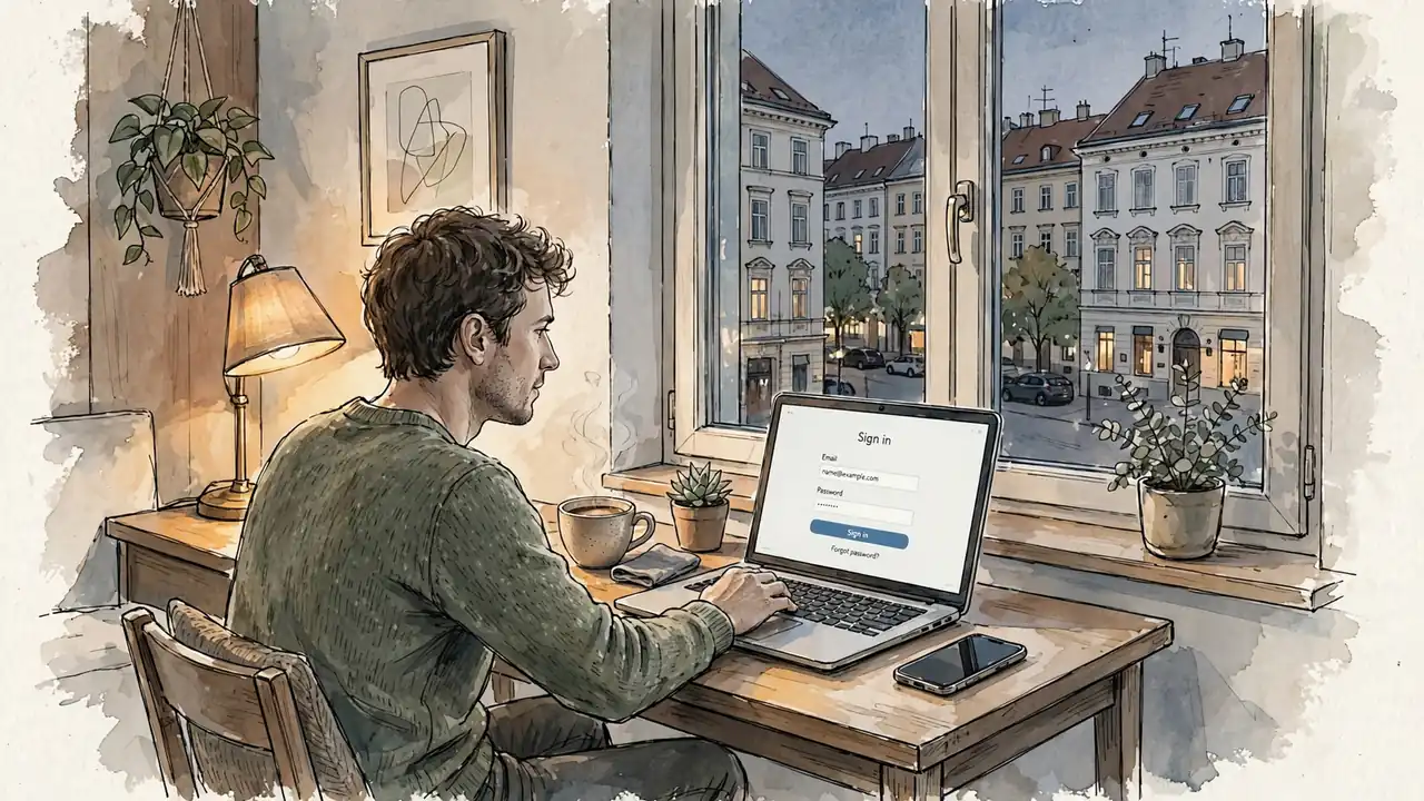 Person am Laptop mit Smartphone und Kaffeetasse in Wiener Wohnung bei Abendlicht
