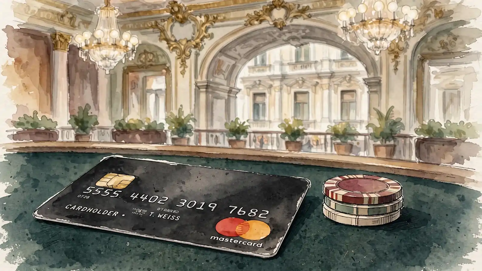Mastercard-Karte auf Spieltisch mit Casino-Jetons in österreichischem Ambiente.