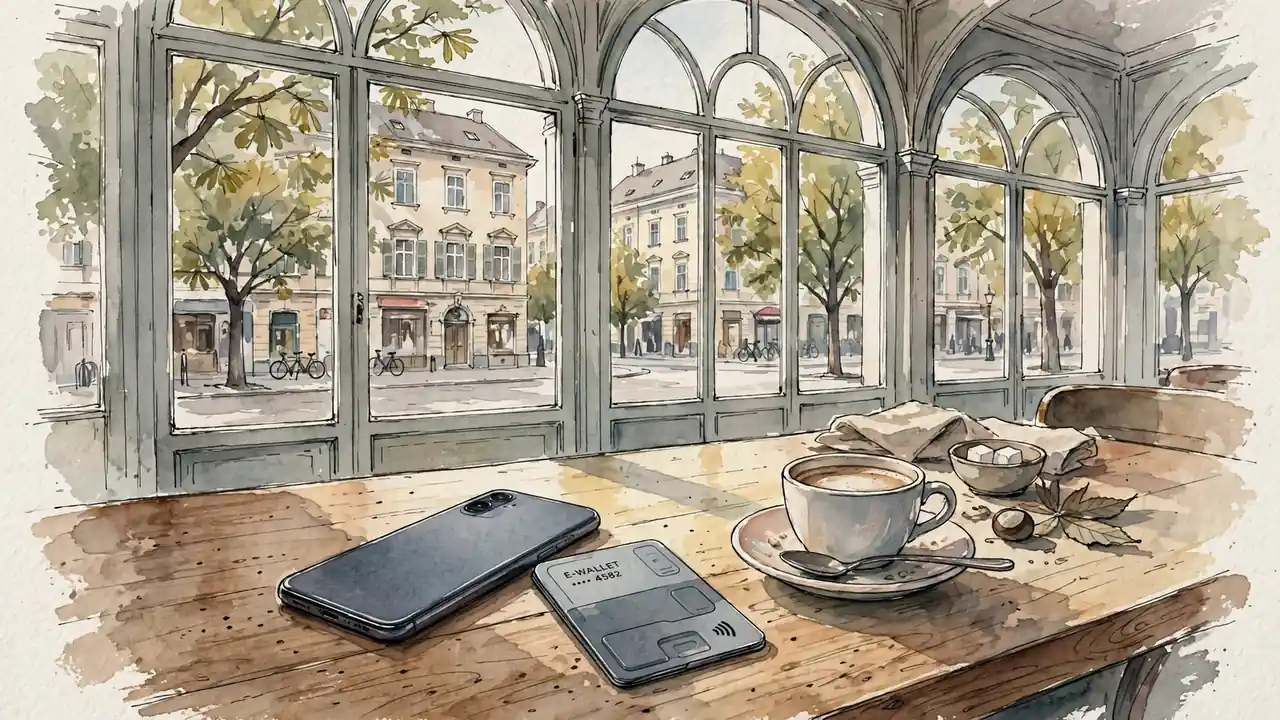 Smartphone und MiFinity-Karte auf einem Wiener Kaffeetisch im Sonnenlicht