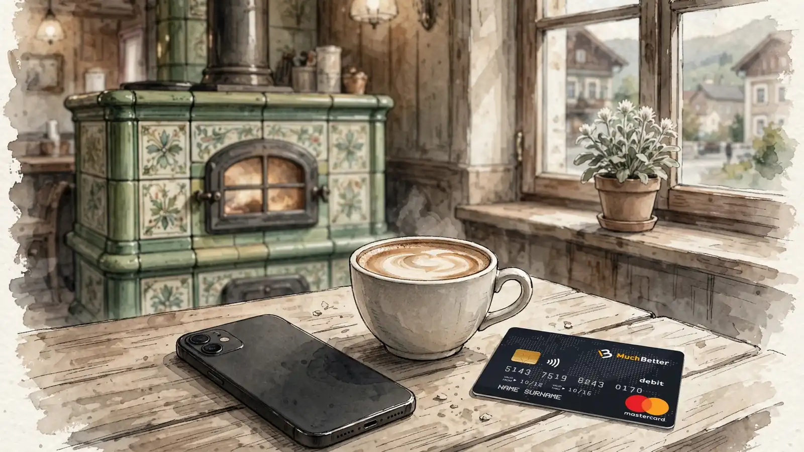Smartphone und MuchBetter-Karte auf einem Holztisch in einem österreichischen Café.