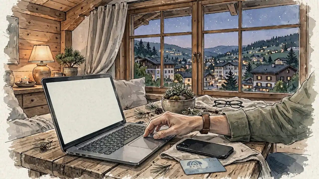 Abendlicher Wohnraum mit Laptop und Smartphone beim Online-Banking in Österreich