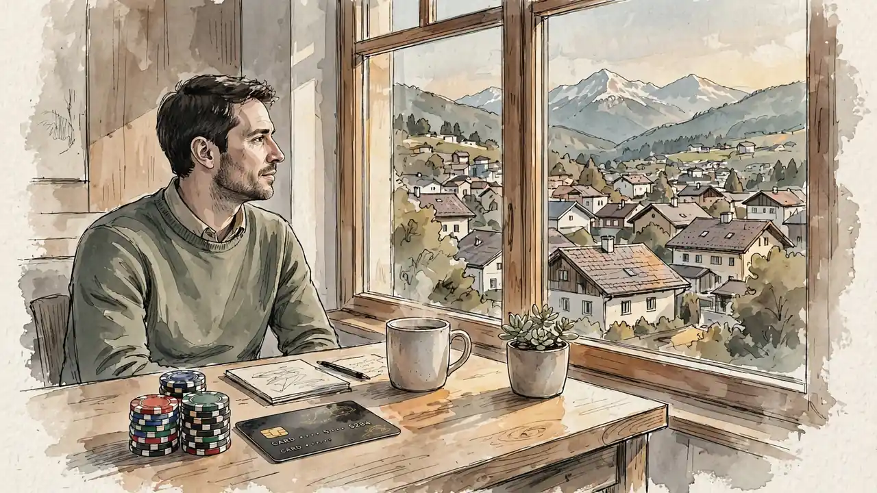 Person am Schreibtisch mit Spielchips und Zahlungskarte, Ausblick auf österreichische Alpenstadt.