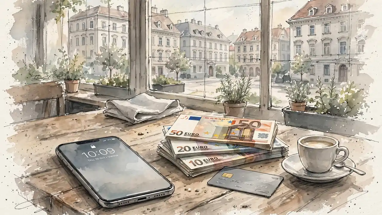 Smartphone mit Euro-Geld und Kreditkarte auf einem Wiener Cafétisch