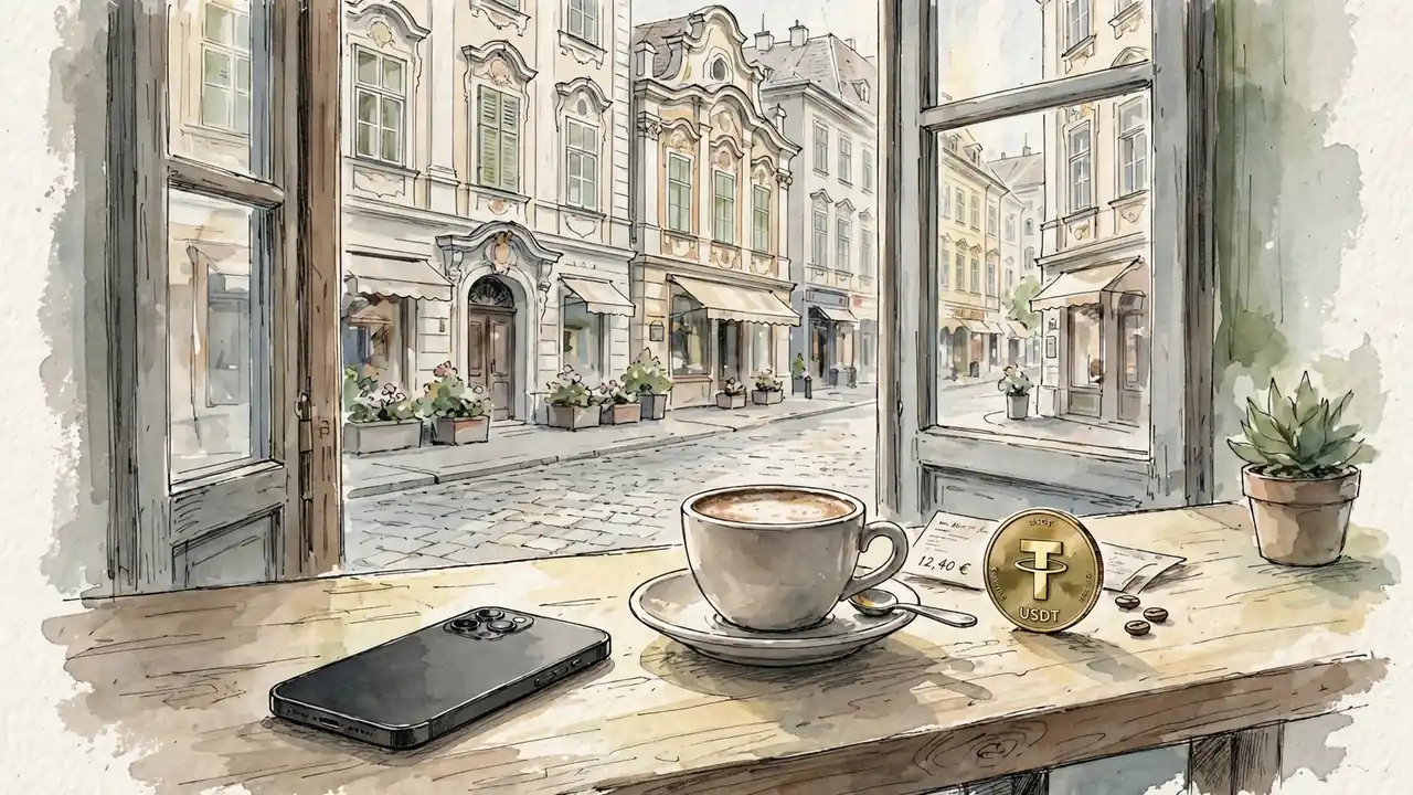 Smartphone mit Tether-Münze auf einem Wiener Kaffeetisch