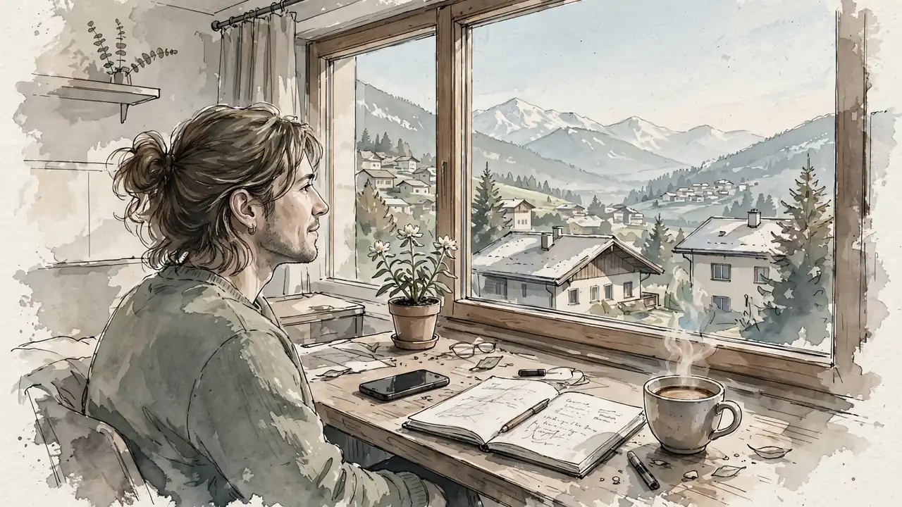 Person am Schreibtisch mit Smartphone und Blick auf die österreichischen Alpen