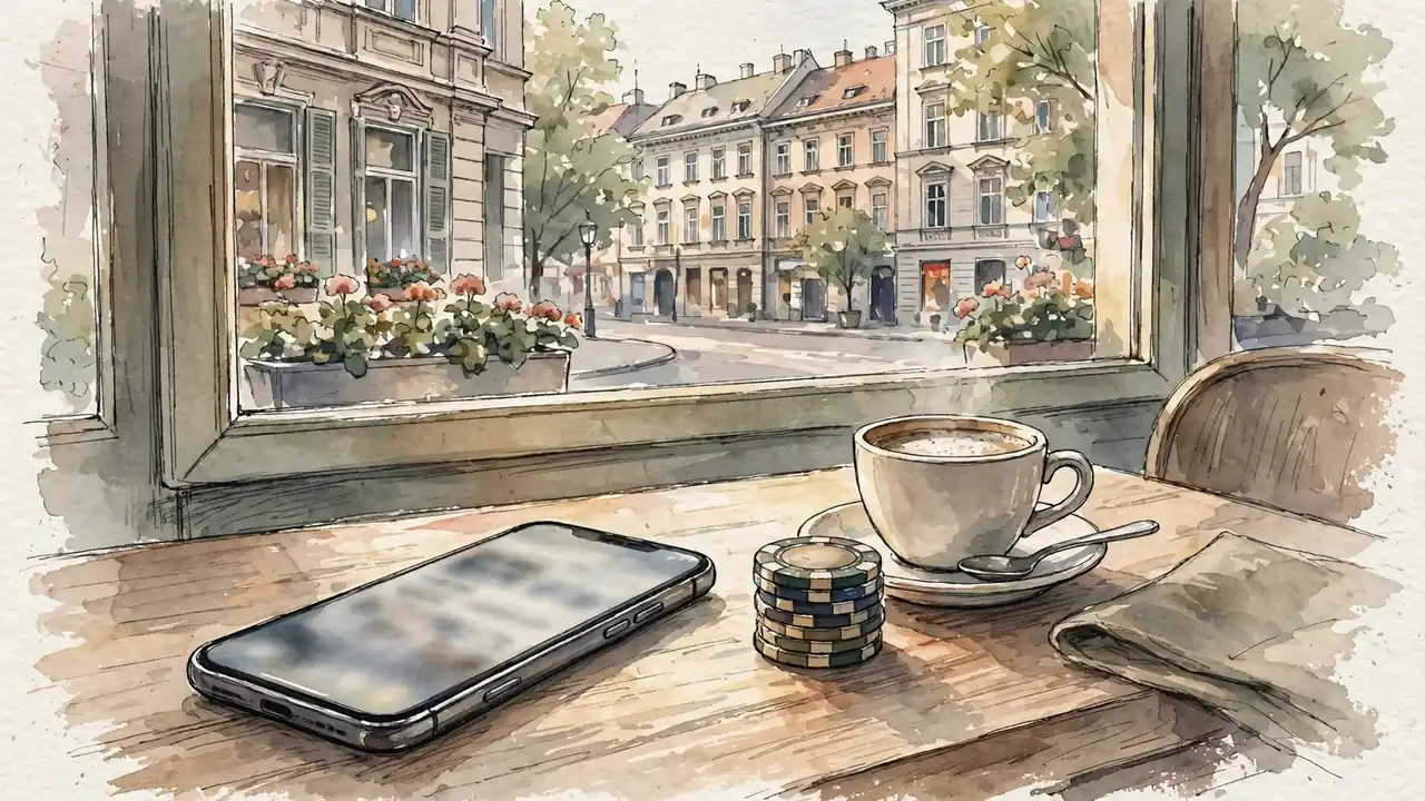 Smartphone mit Casino-Chips auf einem Wiener Kaffeetisch