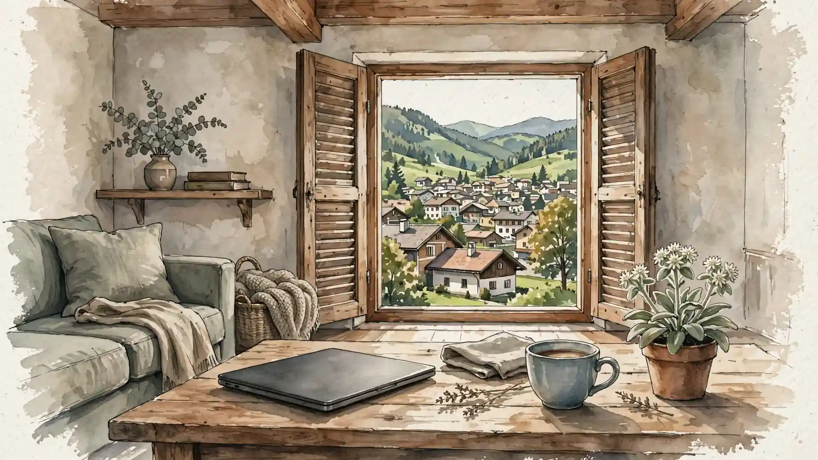 Modernes Wohnzimmer mit Laptop, Kaffeetasse und Edelweiß vor Alpenkulisse