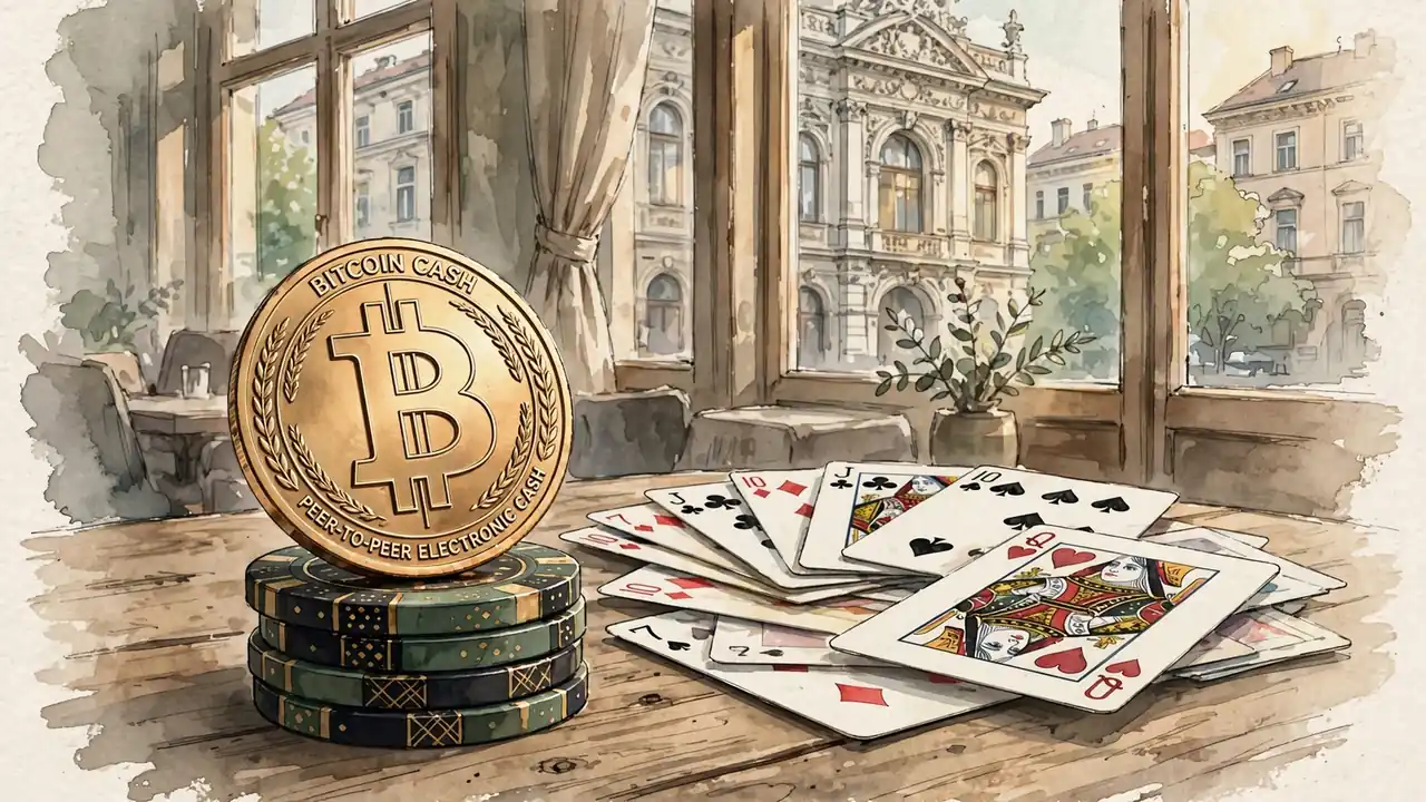 Bitcoin-Cash-Münze und Spielchips auf Wiener Kaffeetisch vor historischer Fassade