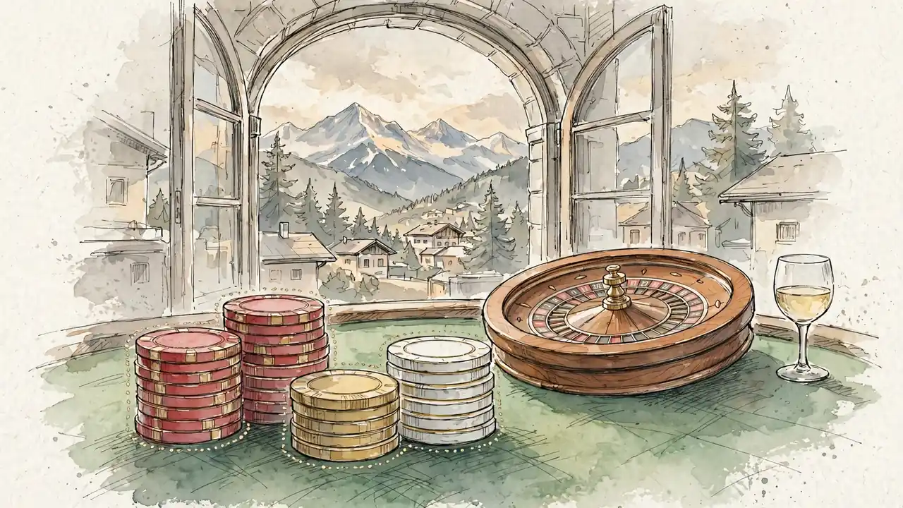 Gestapelte Casino-Chips und Roulette-Rad vor einem Fenster mit Alpenblick in Österreich