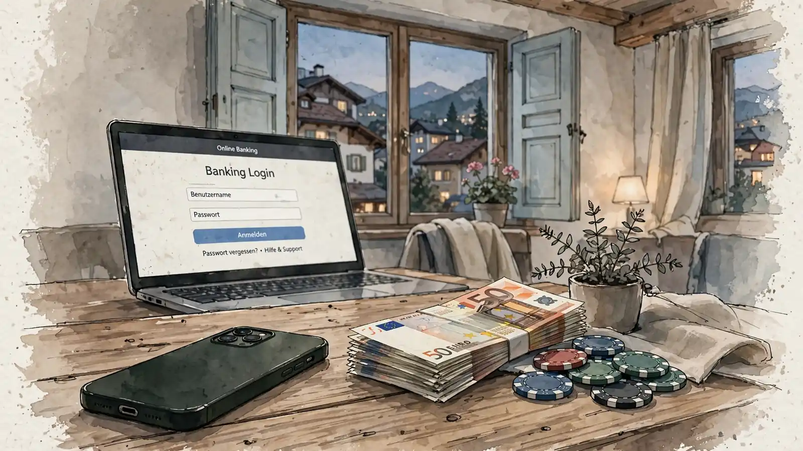 Smartphone, Euro-Banknoten und Casino-Chips auf einem Tisch in einer österreichischen Wohnung.