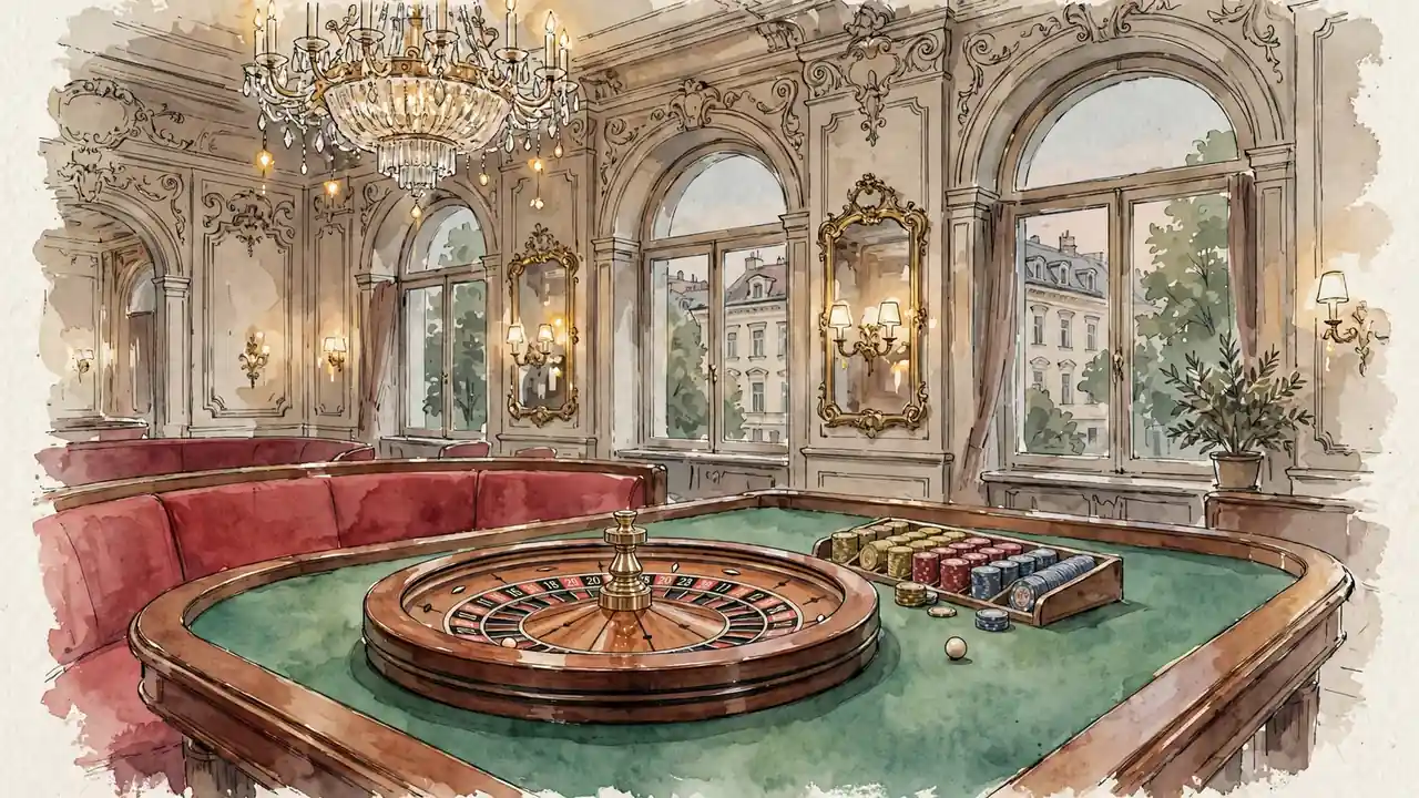 Elegantes Roulette-Rad in einem Wiener Casino mit Kristalllüster und klassischer österreichischer Innenarchitektur