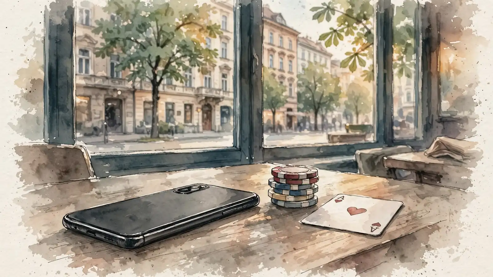 Smartphone neben Casino-Chips in Wiener Café, österreichische Architektur im Hintergrund.