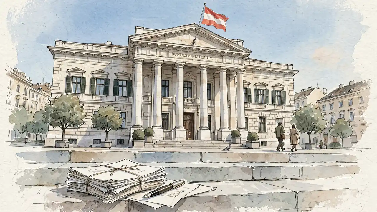 Fassade eines Wiener Regierungsgebäudes mit österreichischer Flagge und juristischen Dokumenten
