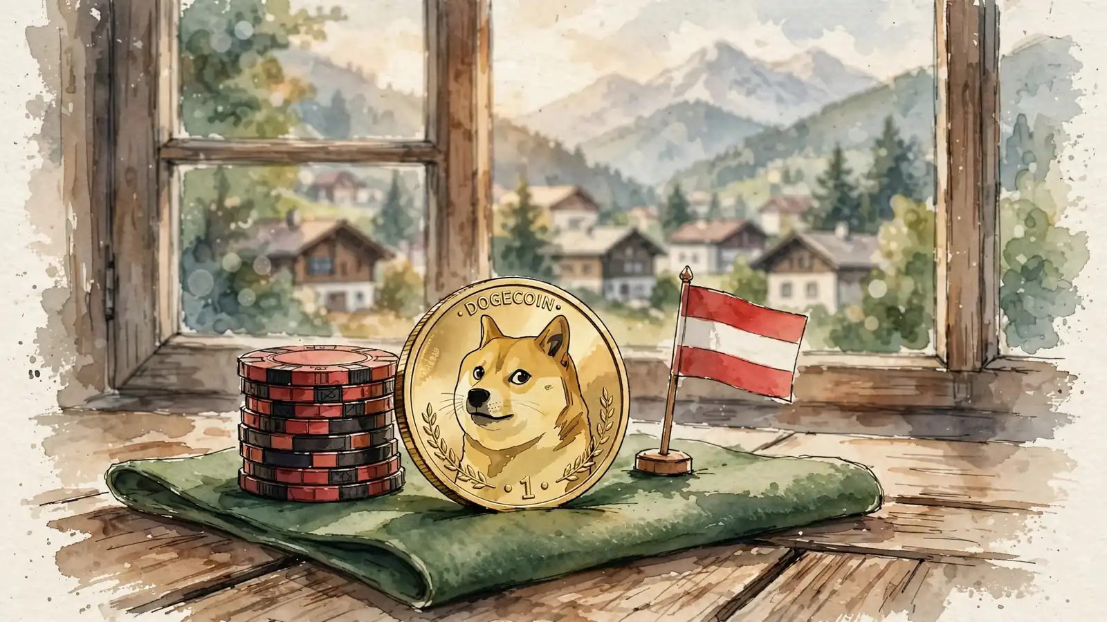 Goldene Dogecoin-Münze auf Spieltisch mit Casino-Chips und österreichischer Flagge.