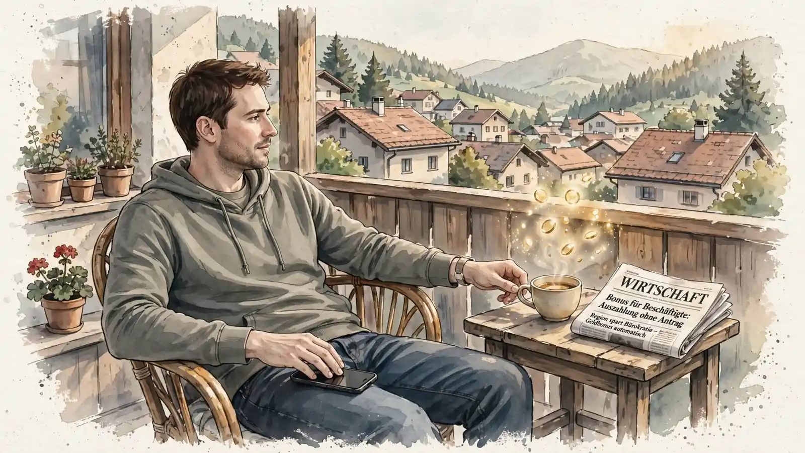 Junger Österreicher mit Smartphone auf dem Balkon, Goldbonus-Symbol neben Kaffeetasse