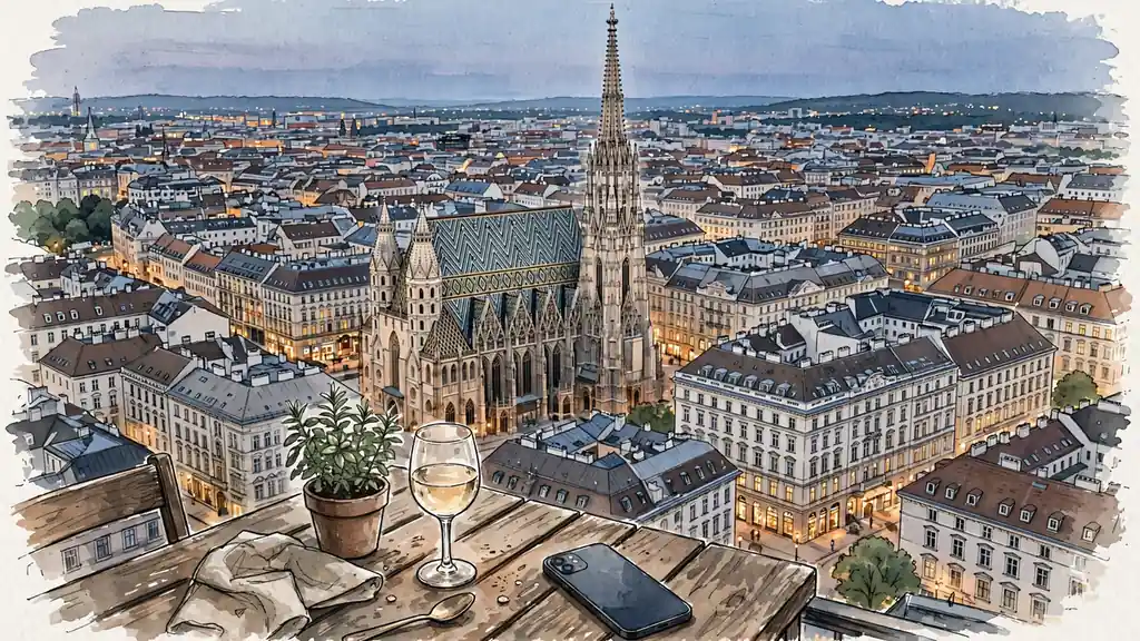 Wiener Dächer mit Stephansdom bei Abendlicht, Smartphone auf Cafétisch