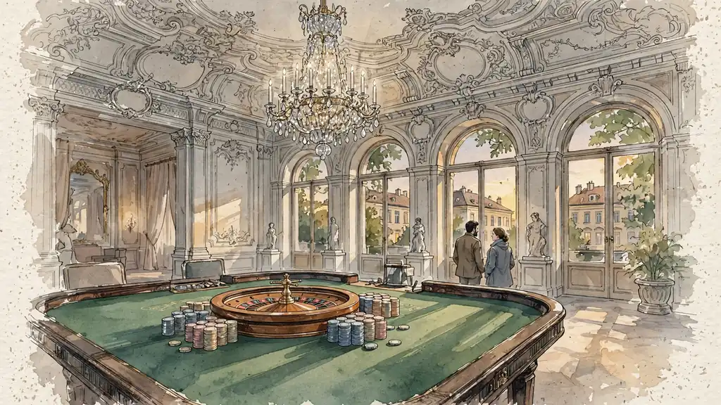 Eleganter Wiener Casino-Saal mit Roulette-Tisch, Jetons und klassischem Kronleuchter