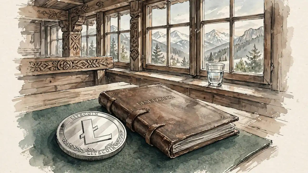 Silberne Litecoin-Münze auf grünem Filz in traditionellem österreichischem Holzinterieur mit Alpenblick