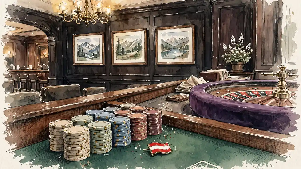 Stilvolle Casino-Lounge in Österreich mit Chip-Stapeln und Roulette-Rad