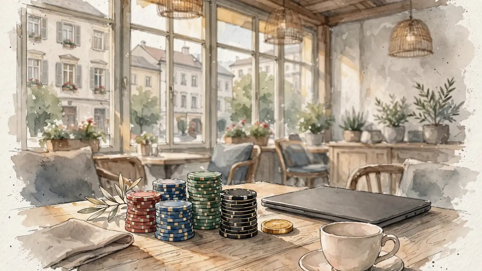 Casino-Chips und Bonusmünze auf einem Holztisch neben einem geschlossenen Laptop in einem Wiener Café.