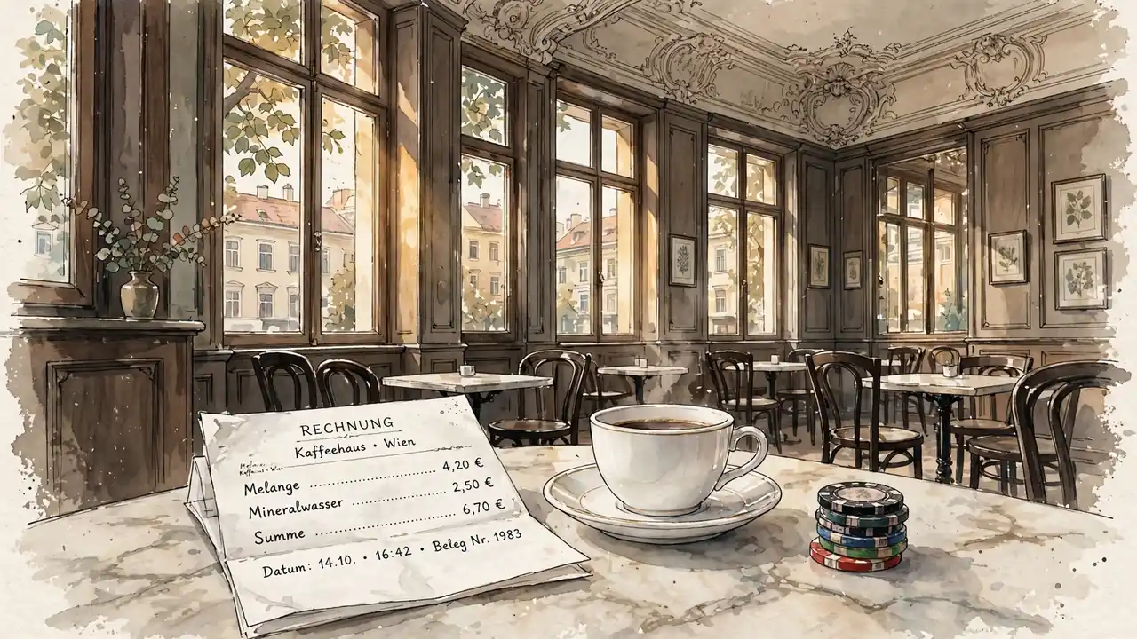 Wiener Kaffeehaustisch mit Papierrechnung, Kaffeetasse und Casino-Chips