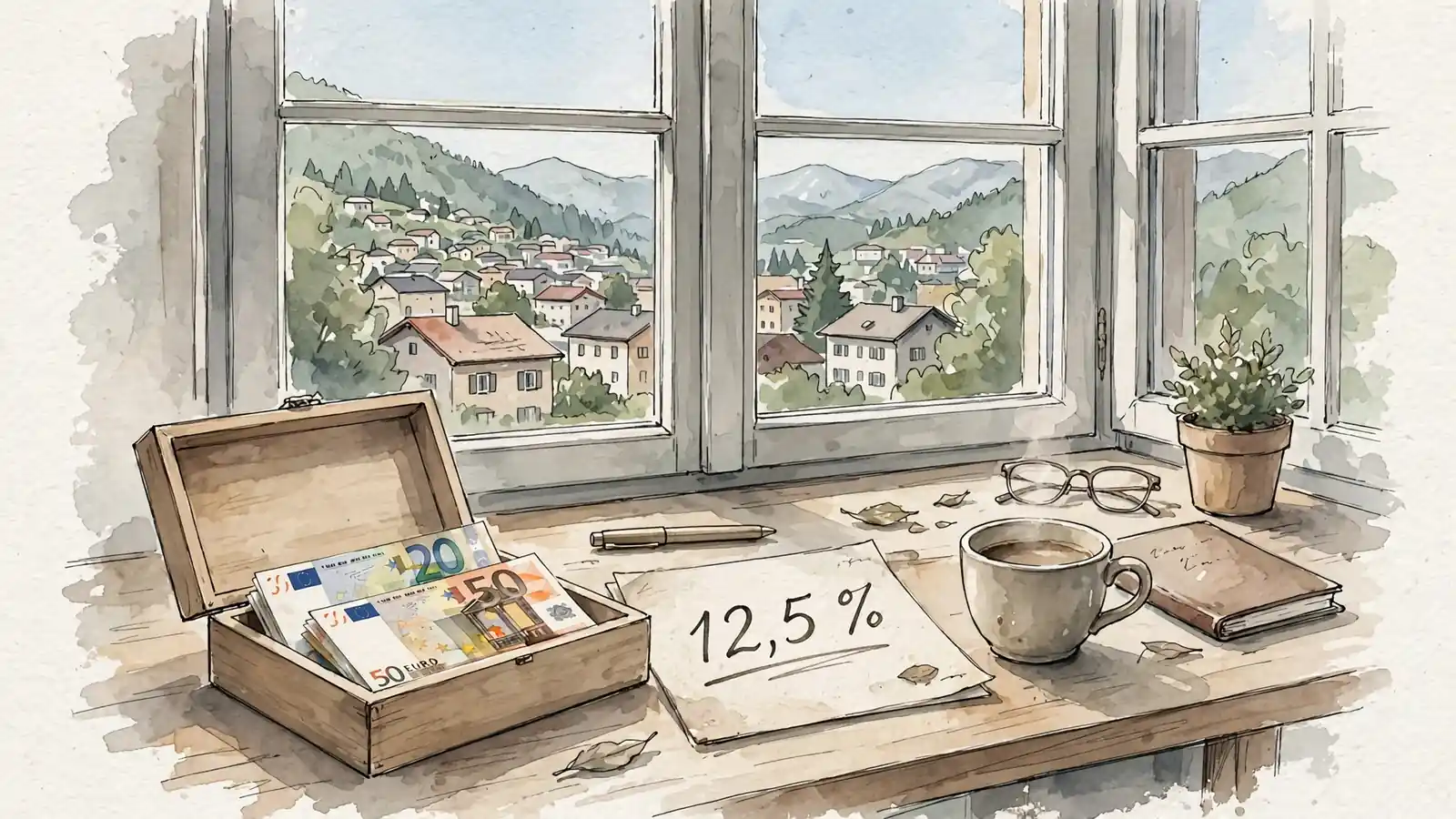 Schreibtisch mit Euroscheinen, Notiz und Kaffee vor österreichischer Alpenstadt.