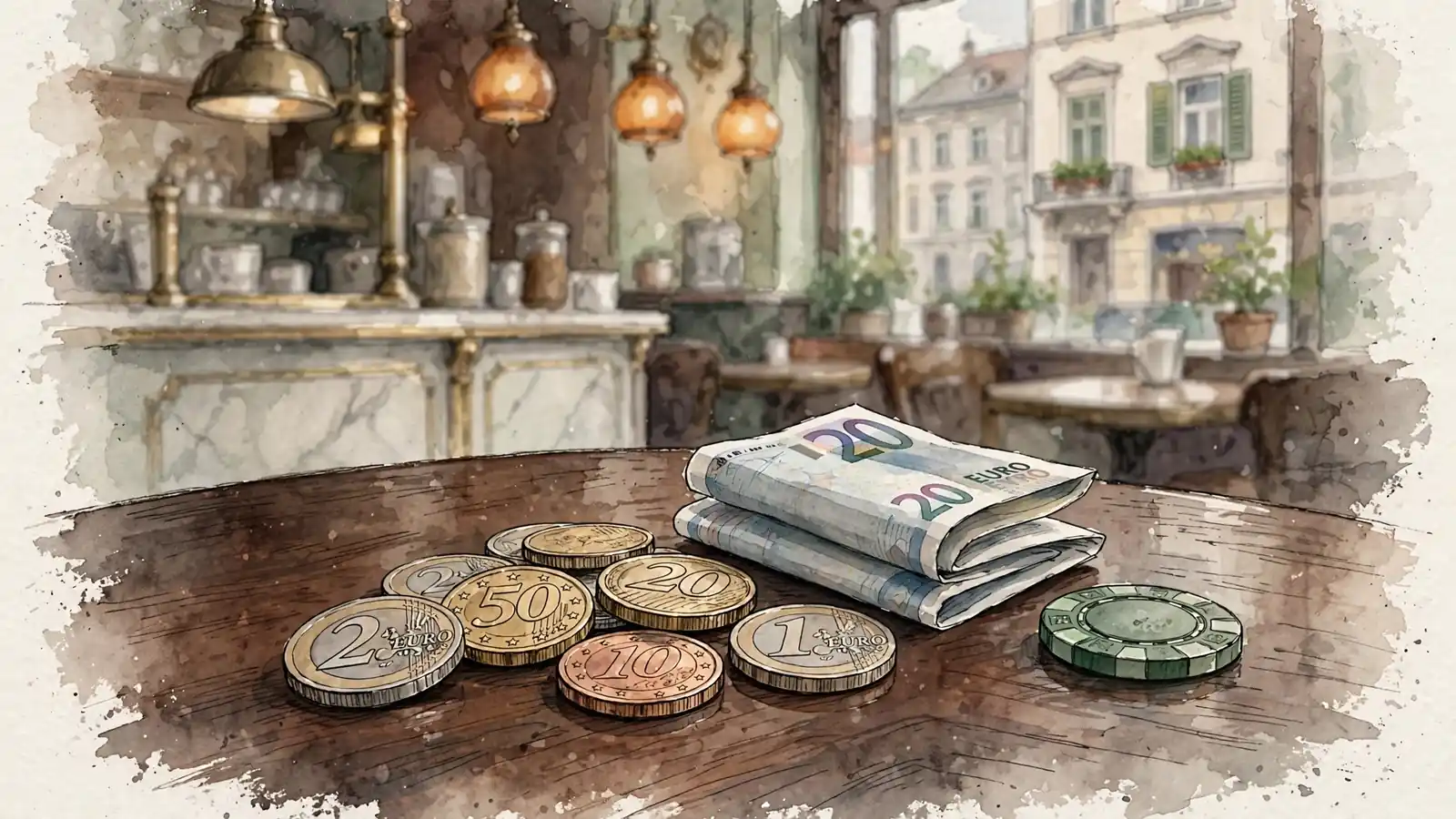 Euro-Münzen und Casino-Spielmarke auf Holztisch in Wiener Kaffeehaus