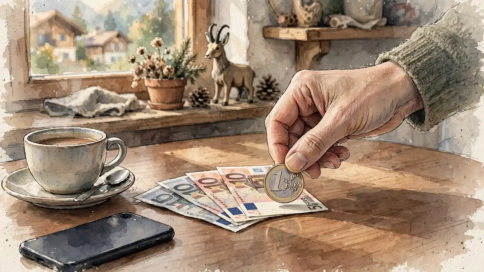 Eine Hand legt eine 1-Euro-Münze auf einen Holztisch neben Smartphone und kleinen Geldscheinen in einem österreichischen Wohnzimmer.