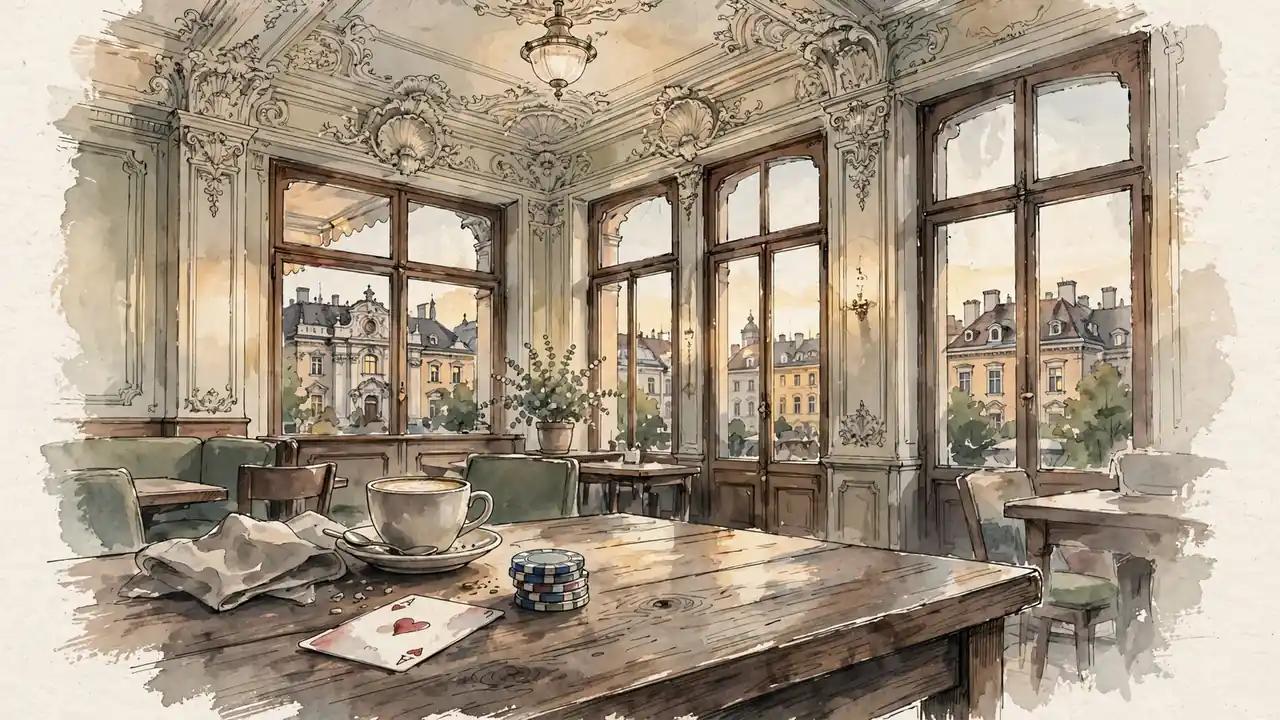 Wiener Kaffeehaus-Interieur mit Casino-Chips und Spielkarte auf Holztisch bei Abendlicht