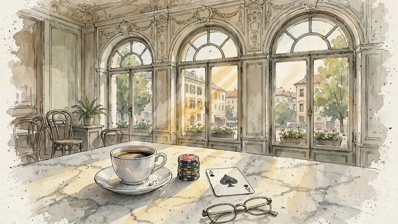 Marmer Kaffeetisch im Wiener Kaffeehaus mit Tasse, Spielchips und einer Spielkarte im warmen Nachmittagslicht.