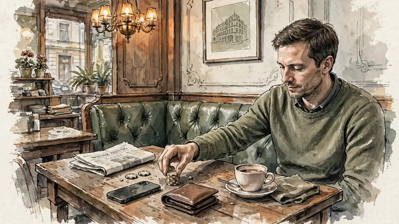 Casino-Chips auf einem Wiener Kaffeehaustisch neben einem Smartphone.