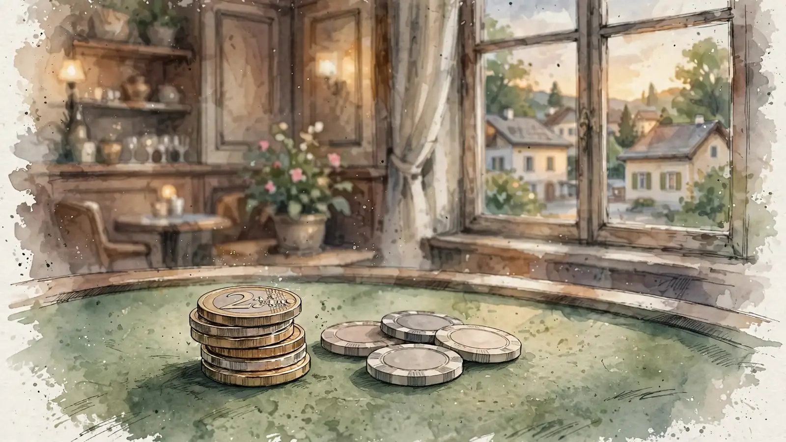 Ein kleiner Stapel Euro-Münzen auf einem Casino-Tisch mit Spielchips.