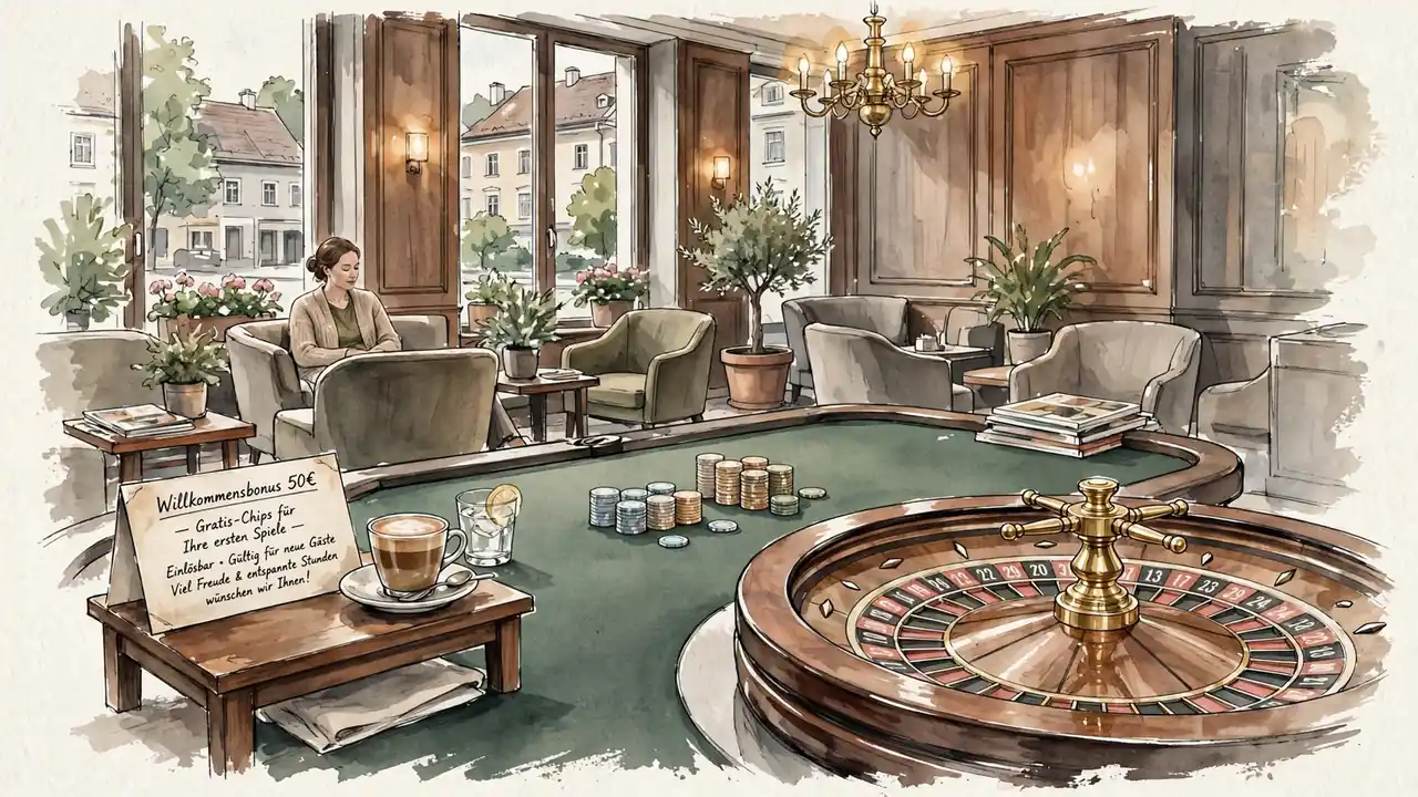 Elegantes österreichisches Casino-Lounge-Interieur mit Roulette-Tisch, Spielchips und Willkommensbonus-Coupon.