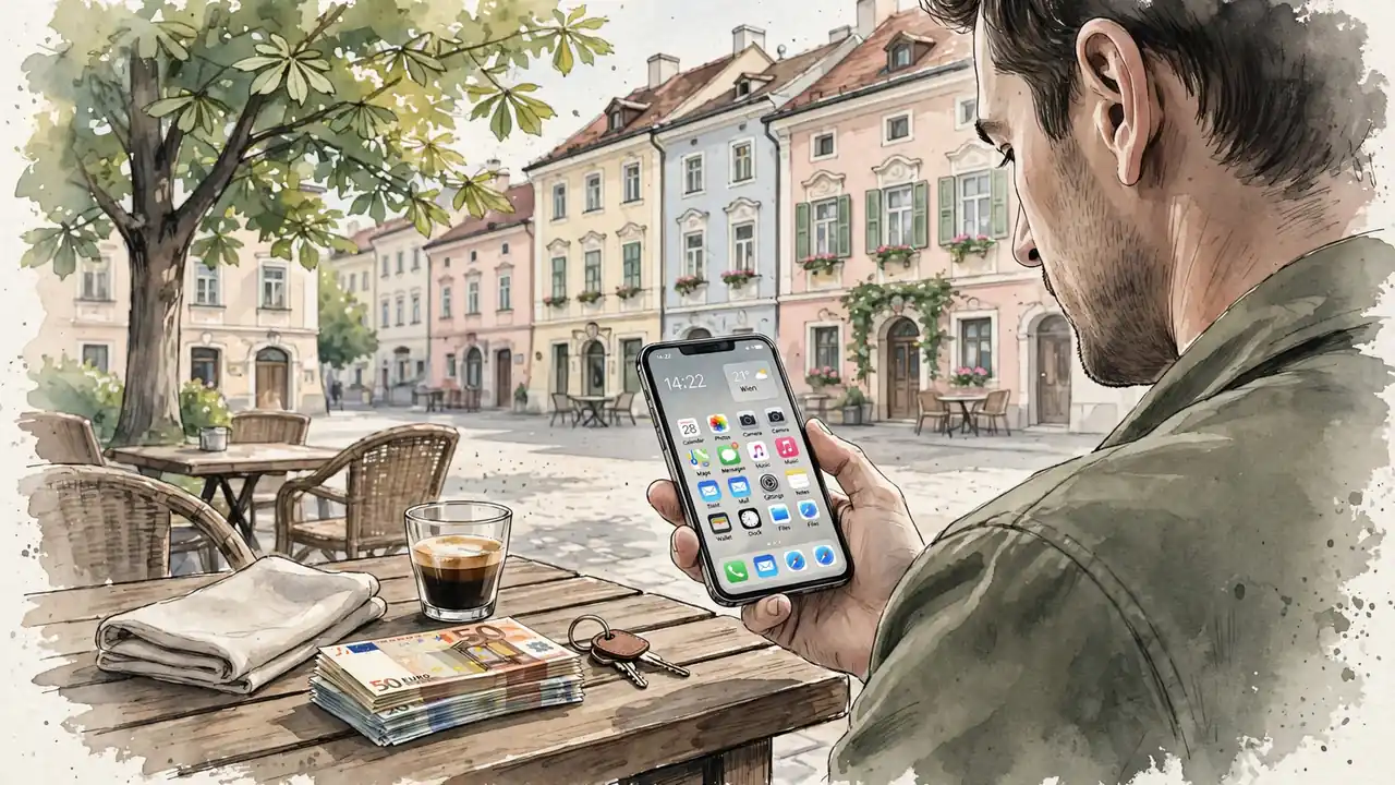 Smartphone auf einem Tisch in einem österreichischen Stadtplatz mit Euro-Geldscheinen