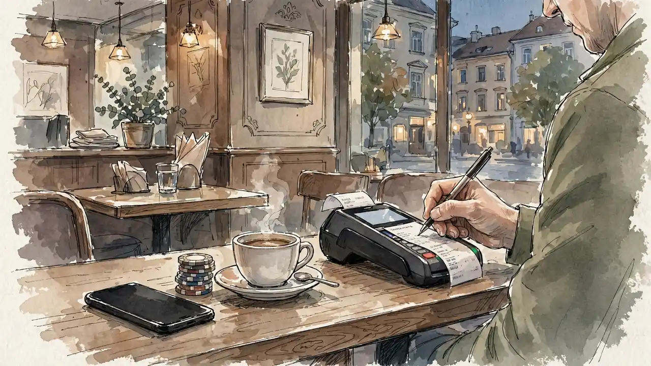 Abendliche Szene in einem Wiener Café mit Smartphone, Casino-Chips und Kartenzahlung am Tisch.